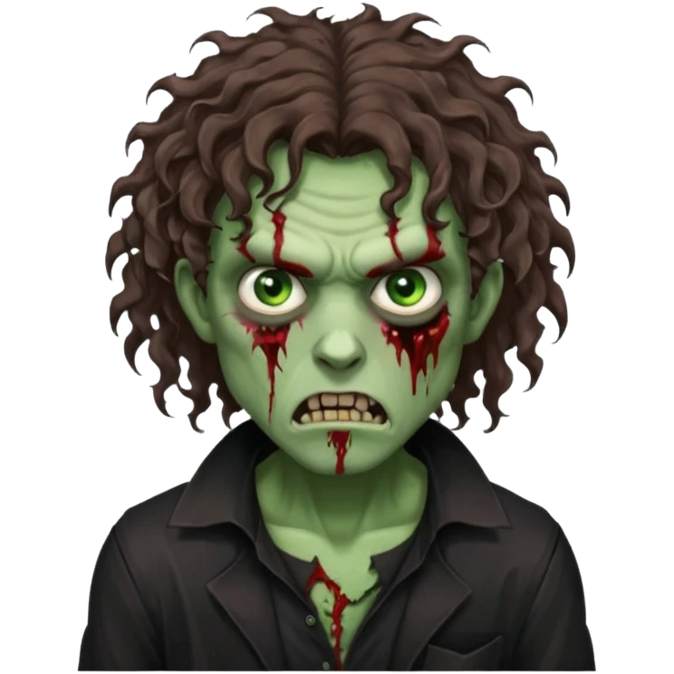 long curly haired male zombie with brown hair color and green eye color, with dark vampire clothes and angry face emotion emoji