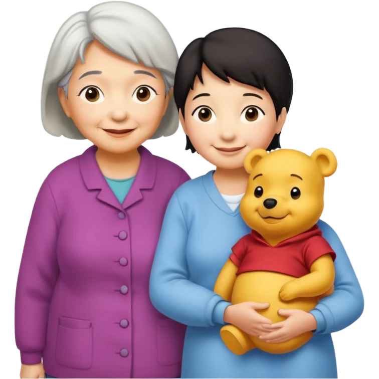 Human size of winne the Pooh and a Asian grandma next each other emoji