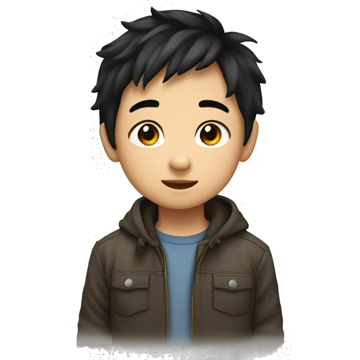 a cute little boy just above the should, asian, black hair emoji