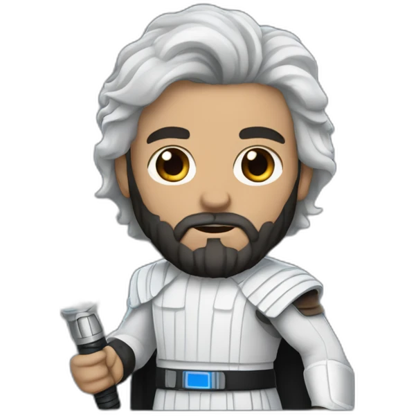A white Portuguese with black and medium-length hair and a beard that holds a blue lightsaber emoji