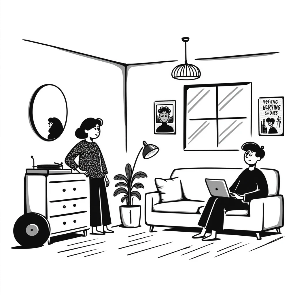 A mid-century modern living room with two people working on laptops — a woman standing at a dresser and a man sitting on a couch. The room has visible floor and two walls forming a corner, large window, modern pendant lamp, turntable, vinyl record stand, retro posters on the wall emoji