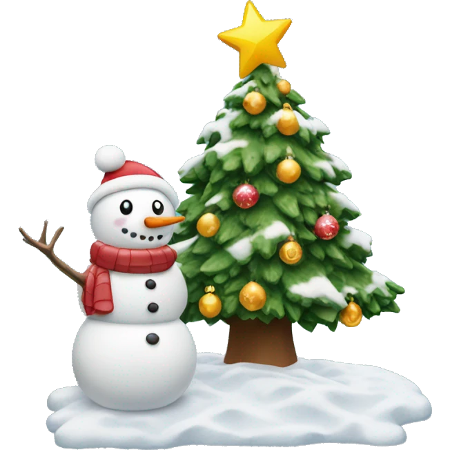 decorated christmas tree with snow and a snowman standing next to it emoji