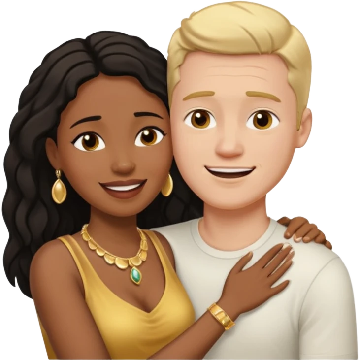 interracial couple. Black smiling woman with nice jewelry. White man crying with his arm around her shoulder. emoji