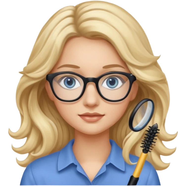 Fille 20ans qui a des cheveux long et blond et wavy avec des lunettes et des yeux bleu- gris avec du mascara emoji
