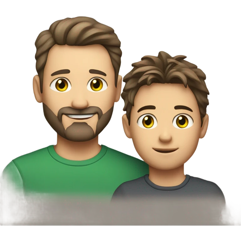 Handsome Father 40s green eyes with short full beard with Son 13s light brown eyes tousled bedhead look both has brunette hair light skin arms on shoulder portrait emoji