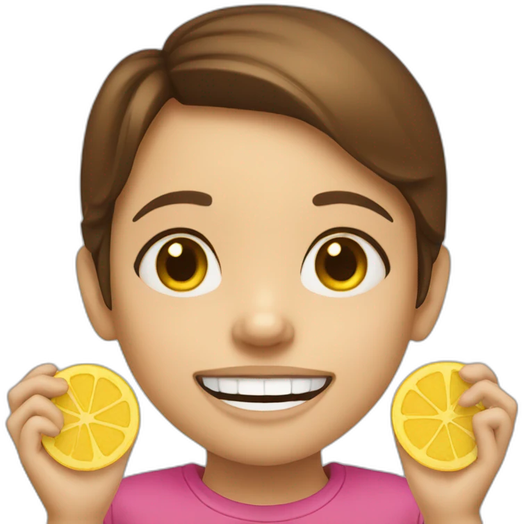 a girl with brown hair with two yellow crisps instead of her 2 front tooth emoji