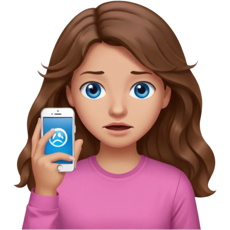 Girl wavy long brown hair, blue eyes, medium skin tone, pink shirt  giving the cringe face emoji