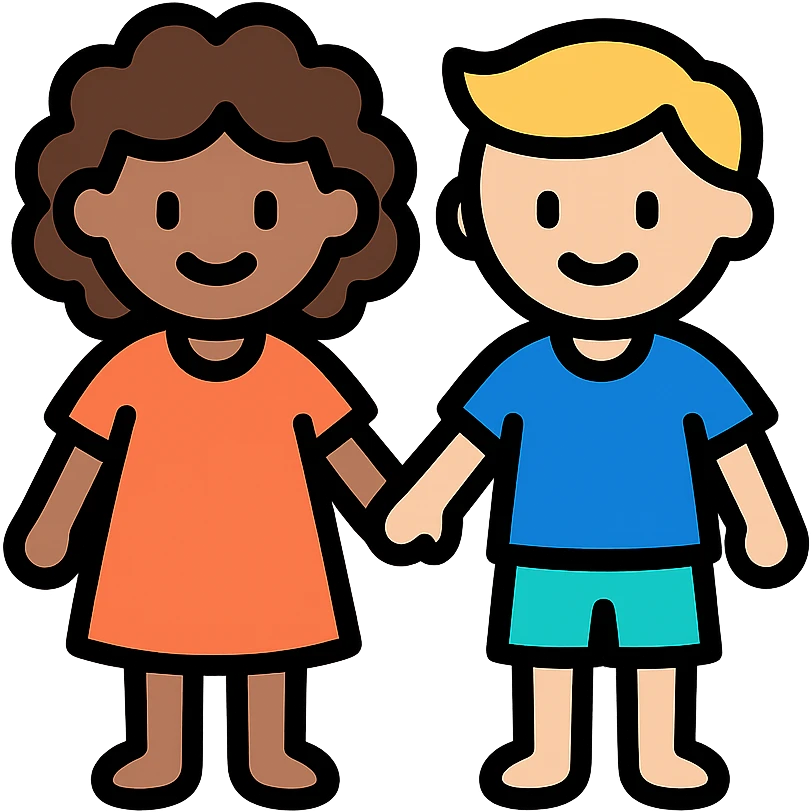 brunette curly haired girl and blonde boy holding hands, simple and clear color outline icon style emoji