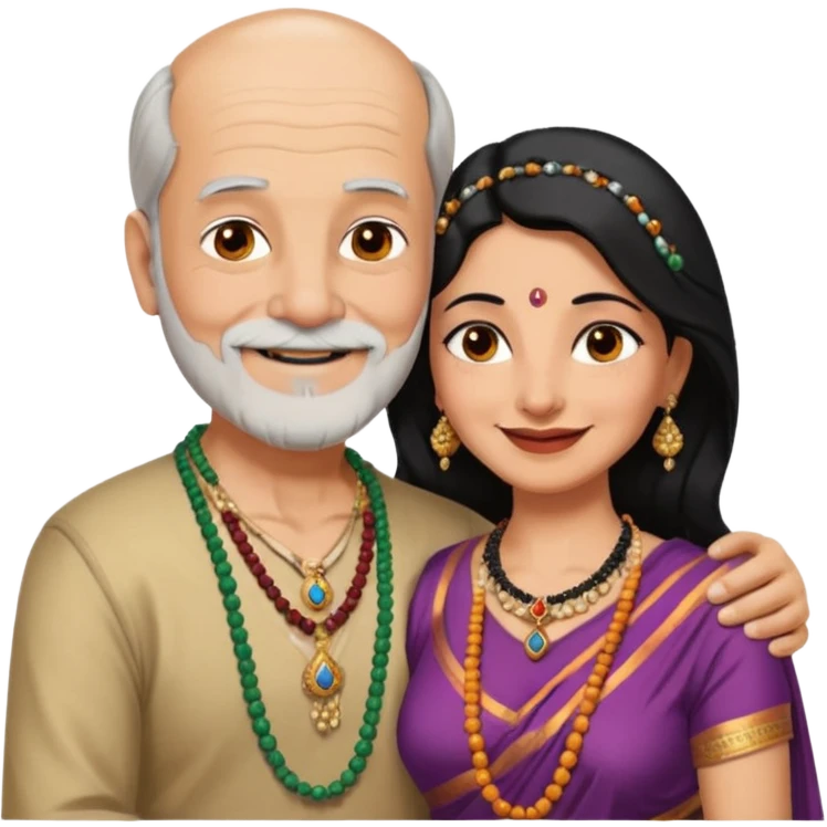 I want an old man with balding and grey beard and a woman in her 40s with dark black hair parted in indian woman style wearing a beads chain  with the cleavage of the woman visible in a passionate embrace. The man should have no jewellery, both must be blissfully smiling emoji