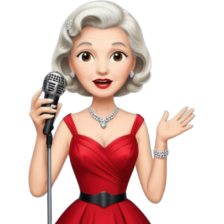 Older woman – elegant gown, 50s, diva, red dress, singing into mic emoji