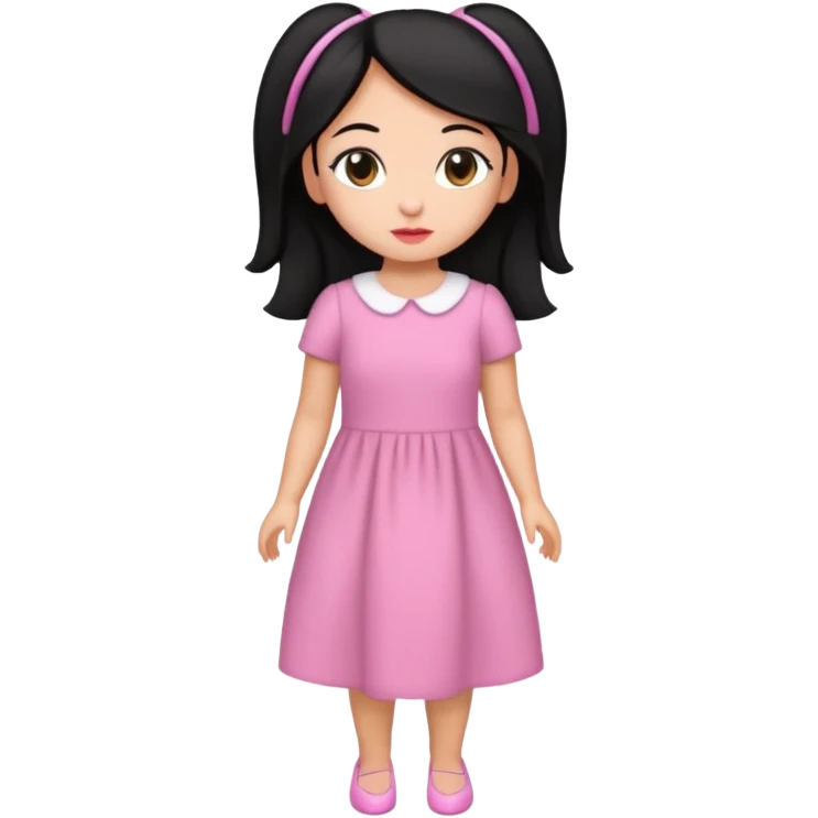 Gordita, ojos pequeños de color cafe oscuro, labios pequeños y rosados, piel trigueña, orejas pequeñas, cabello largo lazio y negro, pequeña. cuerpo completo. emoji