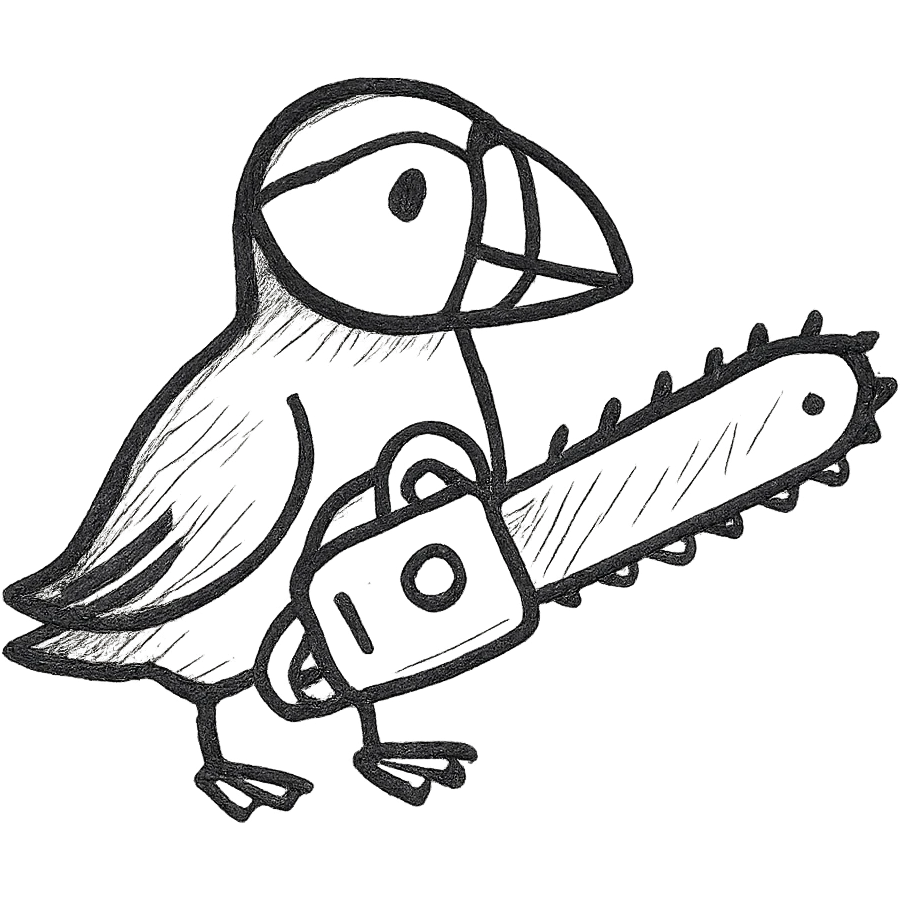 a puffin with a chainsaw, hand drawn black outline style emoji