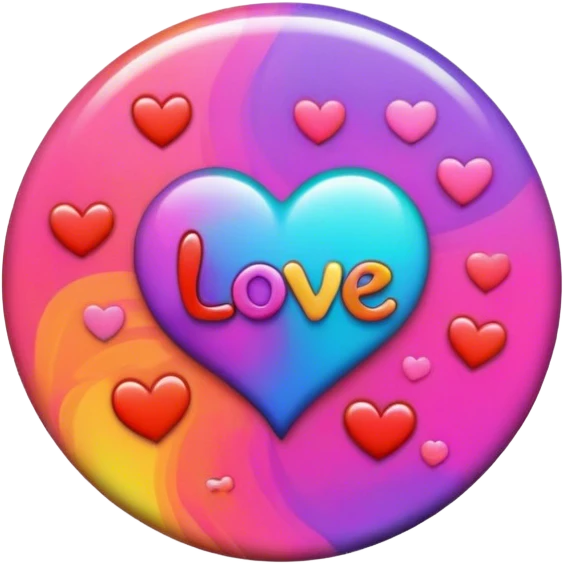 A round psychedelic colored button that says love emoji
