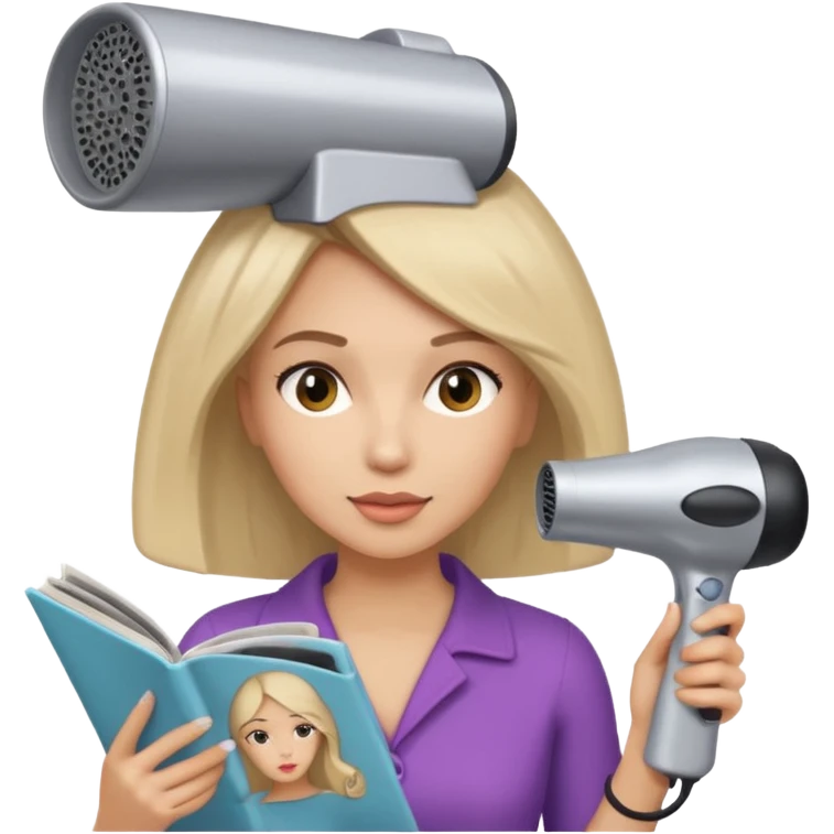 chica en la peluqueria con un secador en la cabeza y leyendo una revista emoji