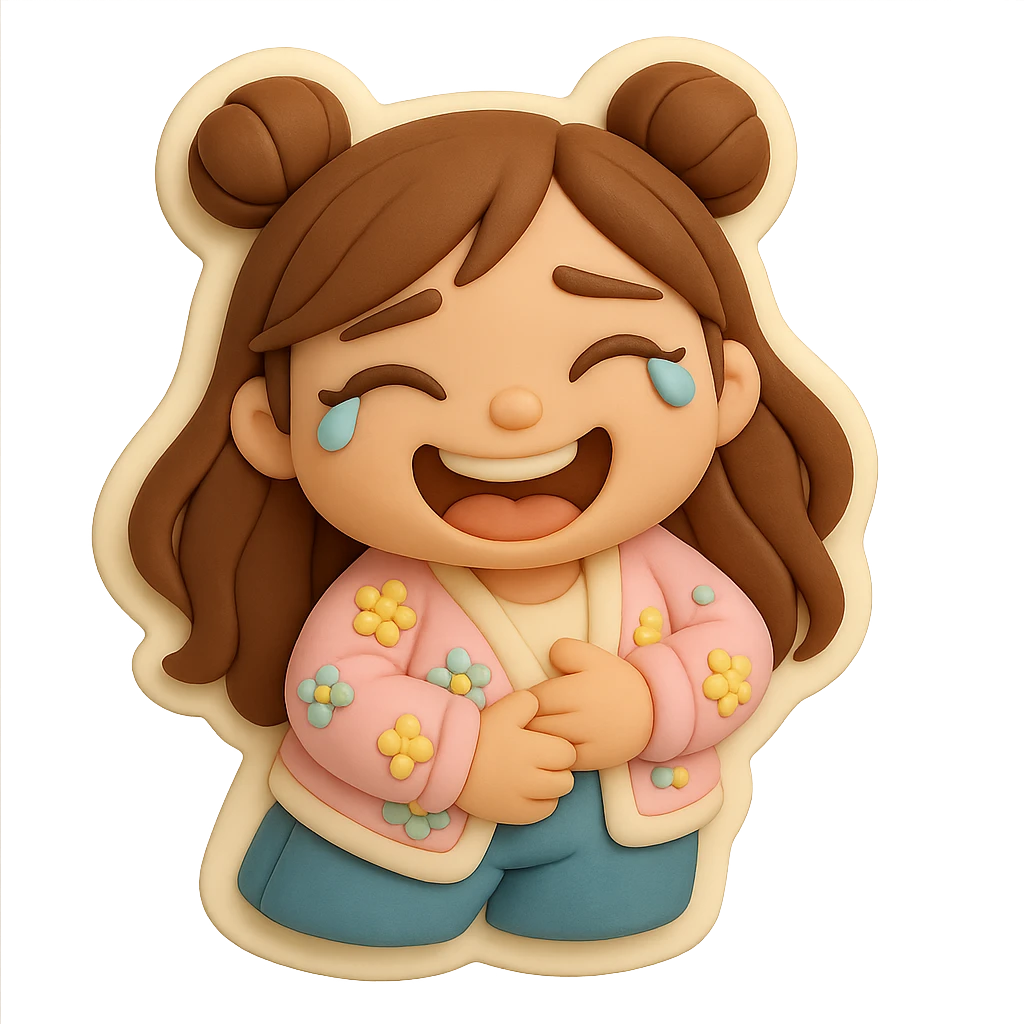 3D chibi fondant cake art style, high-quality rendering with smooth shadows and soft gradients. Girl based on reference image with preserved facial features and eye shape, long brown hair in two space buns, brown eyes, jeans, pastel floral cardigan, thick white outline like a sticker, transparent background. Laughing to tears, holding her belly. Ensure the face, hairstyle, and eye shape match the reference exactly. emoji