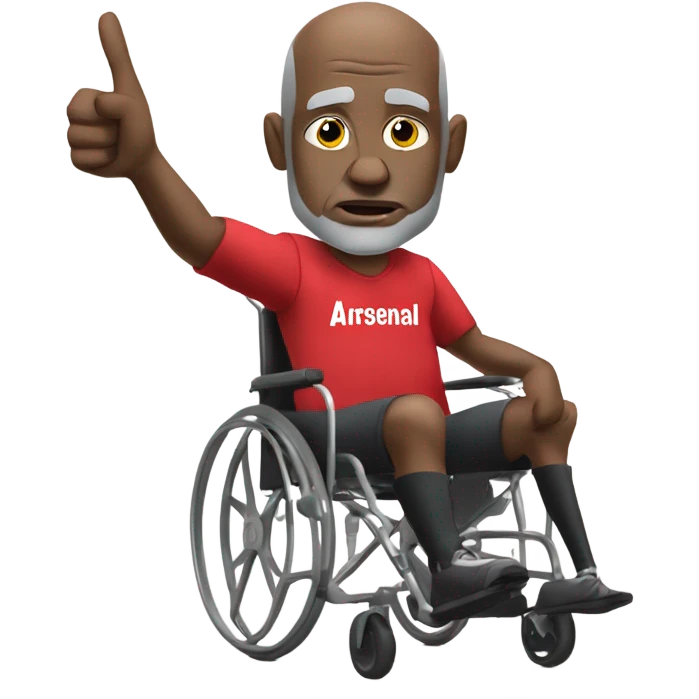 old black bald man with a round belly in wheelchair. angry face. grey stubble. he is pointing finger in front. wearing Arsenal soccer shirt. word bubble emoji