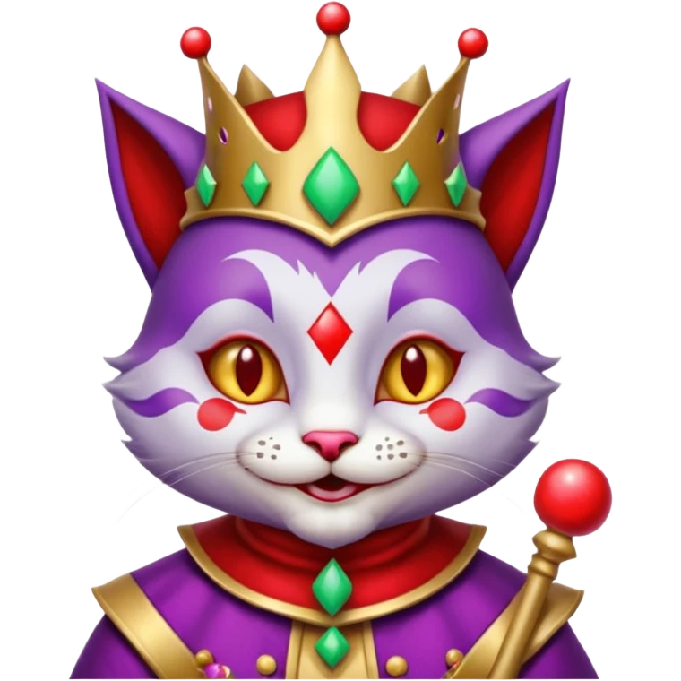 crazy colorful cute little cat jolly joker from poker, medieval, vintage, court jester, mac os icon, purple and red color, silver inserts, half body emoji