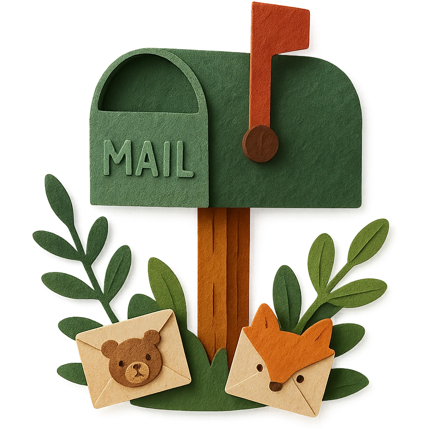 forest mailbox with tiny animal letters, cozy woodland theme, paper-craft style emoji