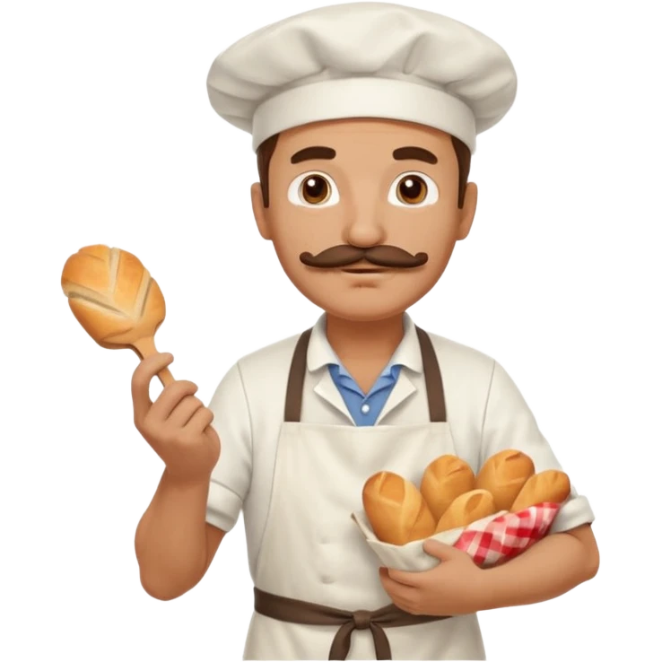 Middle aged male pastry chef - with a mustache, apron, white hat, holding a bag of bread emoji