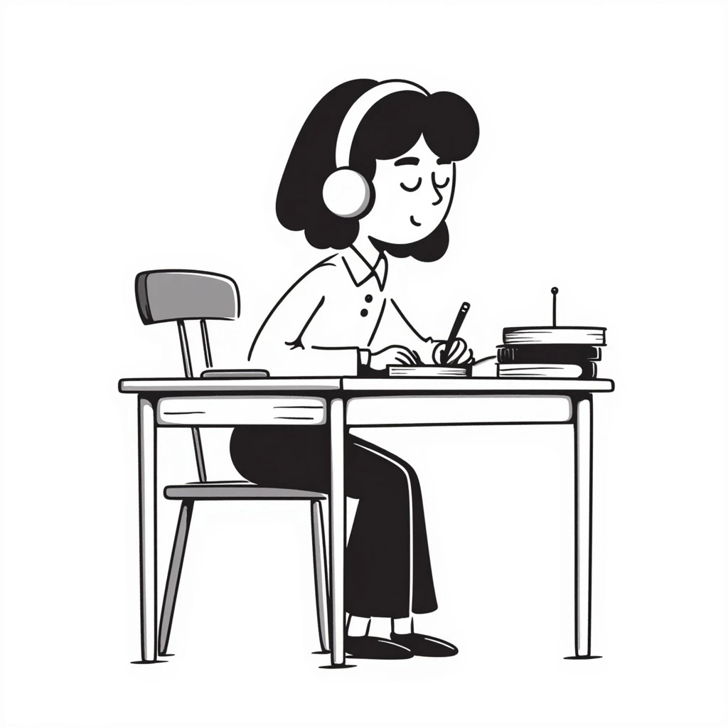 girl in a school uniform with headphones, sitting at a desk, sketchy hand-drawn style, minimal background emoji