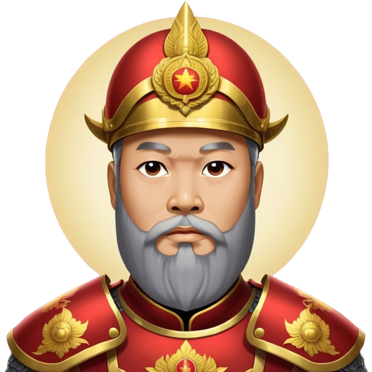 ​Cinematic Realistic Portrait of Trần Hưng Đạo, depicted as a revered Vietnamese general with his characteristic traditional Vietnamese beard and historic armor, his determined gaze illuminated by dramatic historical lighting that evokes his legendary martial spirit and leadership, emoji
