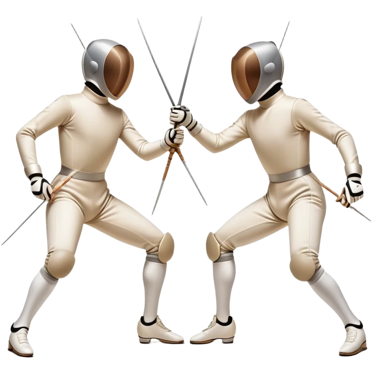 Two fencers in symmetrical stances, with crossed épées in front of them. Their forms are elegant and precise, showcasing the balance and strategy of fencing. The background features a blurred fencing piste, with subtle motion lines to emphasize the elegance and speed of the sport. emoji