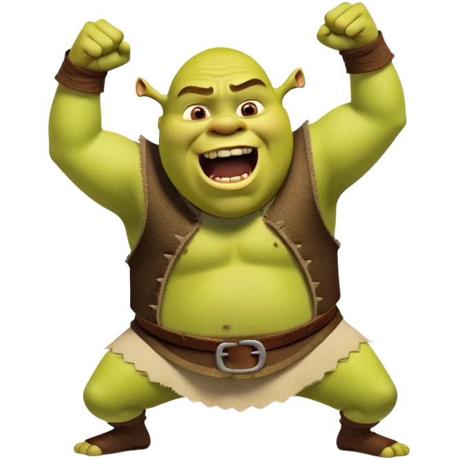 an emoji of famous dreamworks character, shrek, in a "let's fucking go" pose. mouth wide open yelling out of excitement. eye closed, exaggerated pose, fists clenched emoji