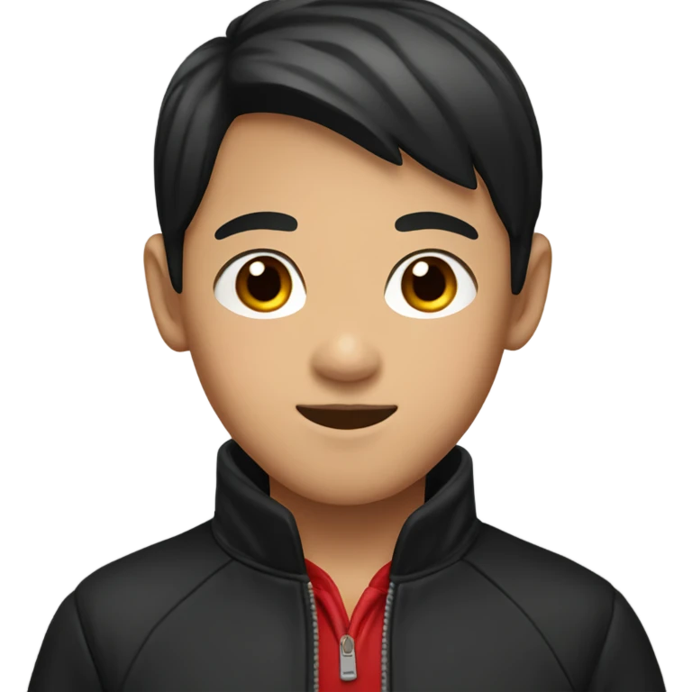 Asian boy wearing black and red varsity jacket and red gloves emoji