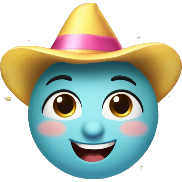 Happy face emoji: A round face, big warm smile, sparkling moon eyes. Eyebrows arched to express good humor, little gold stars near the eyes for a magical touch. Colored party hat slightly askew, rosy cheeks for a cute effect. STAR NEAR THE EYE emoji