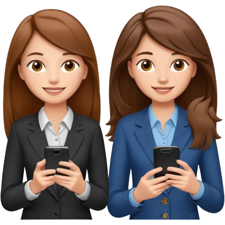 two brown haired girls, looking professional maybe leaned back on back and looking forward and using phones, with longer hair and with some cute clothes emoji