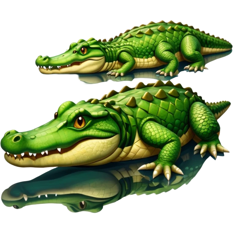 A large crocodile resting on a riverbank, part of its body in water, realistic scales and reflections, natural sunlight. emoji