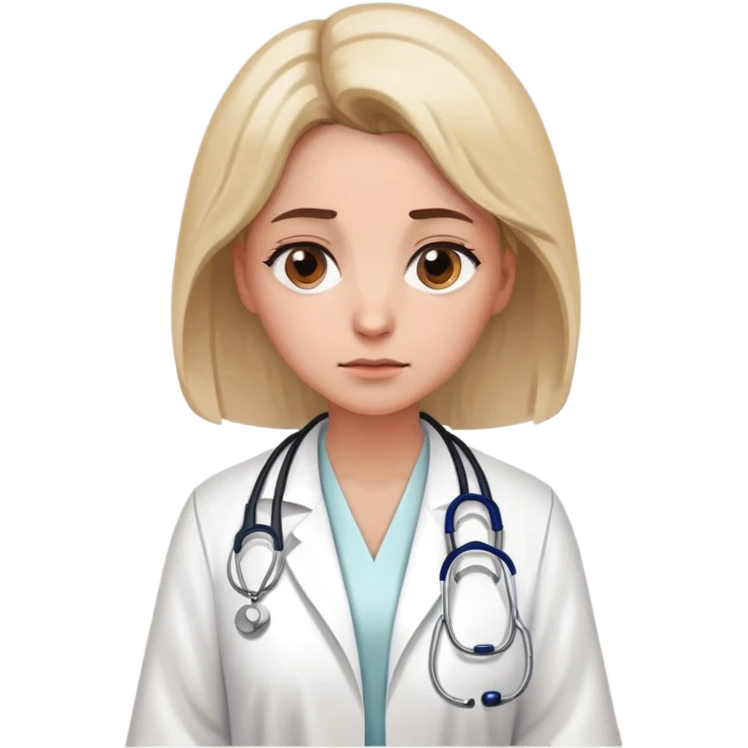 create a female doctor wearing a white rope with a Stethoscope on her neck. her face is slightly sad emoji