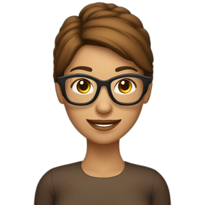mujer con piel de color blanco con gafas sonriente cabello corto y de color marron con un computador emoji