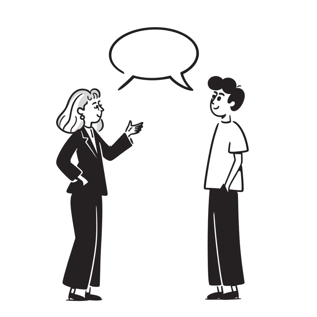 A blonde woman in a black suit talking to a brown-haired man in a white t-shirt. The woman has a speech bubble above her head. The woman is talking and the man is smiling. emoji