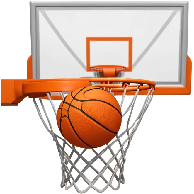 A close-up shot of a basketball entering the hoop, with the ball swishing through the net. The background features a blurred basketball court, emphasizing the perfect shot and the excitement of the game. emoji