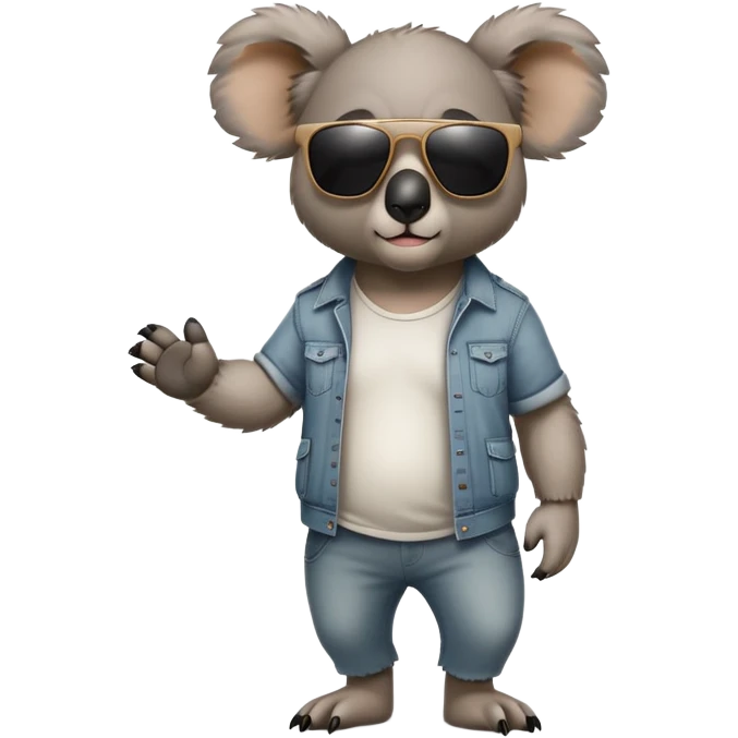 anthropomorphised koala in casual clothing, wearing dark sunglasses, walking upright, looking like a tough guy with a different attitude emoji