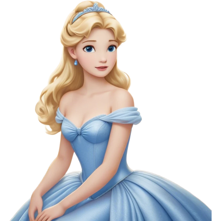 Cinematic Realistic Cute Cinderella Portrait, featuring fair, luminous skin with finely detailed texture and softly lit golden-blonde hair cascading in gentle waves. Her warm, inviting blue eyes sparkle with youthful charm and curiosity, while her classic, elegantly draped ball gown reveals meticulously rendered fabric details and natural folds. The overall composition is bathed in a gentle, realistic radiance that exudes both playfulness and heartfelt beauty. emoji