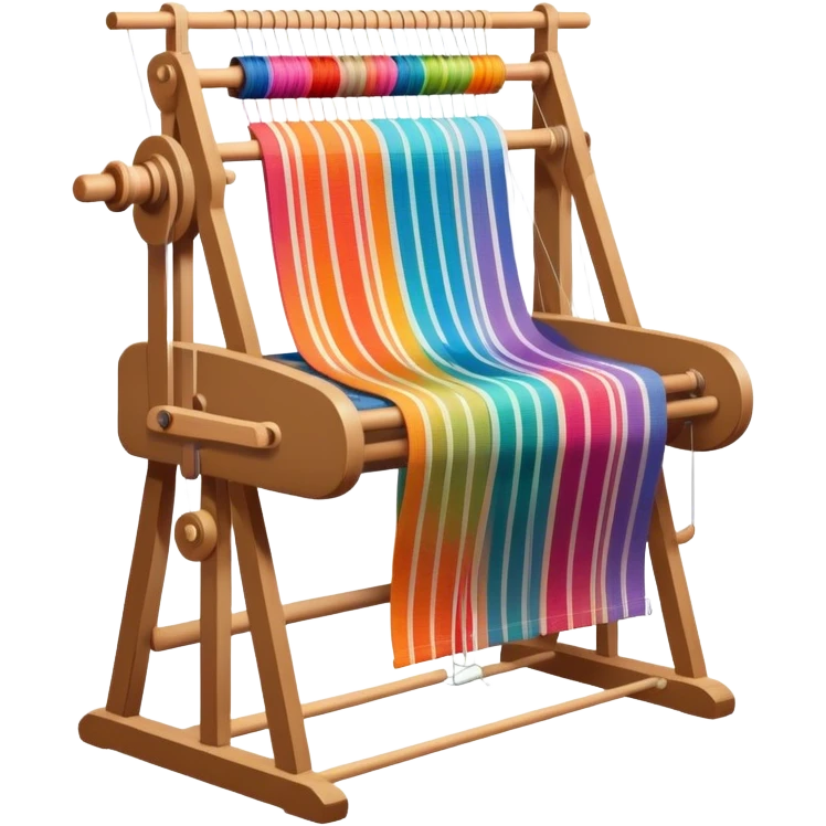 Weaving icon, loom with colorful fabric being woven, visible shuttle, spools of yarn, fabric swatches, sewing patterns, and finished clothing items, minimalistic style, clean lines, transparent background. emoji