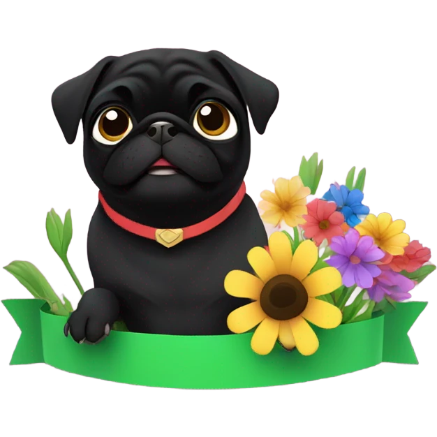 Black pug , surrounded by flowers, holding a green sign that says “good luck”  emoji