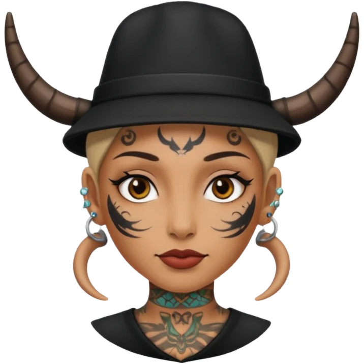 Woman with small horns — black hat, face tattoos emoji