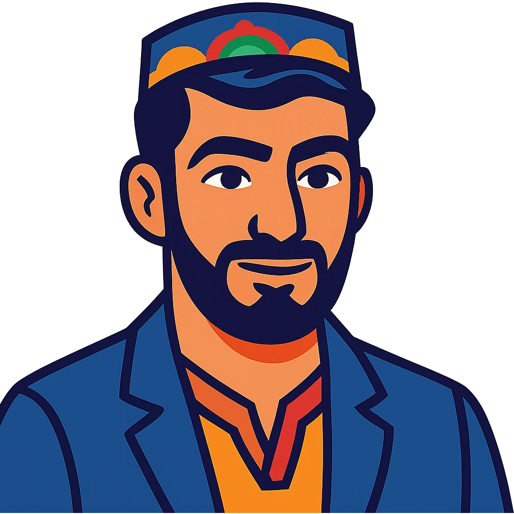 A Tajik man with masculine features, expressive eyes, thick eyebrows, dark hair, and light-olive skin, neatly kept facial hair emoji