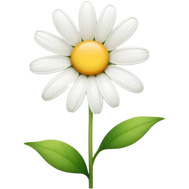 Cinematic Realistic Daisy Emoji, Cheerful and pure, with bright white petals surrounding a sunny yellow center, standing proudly atop a slender green stem. The soft, vibrant petals seem to radiate positivity, while a few green leaves frame the delicate flower. Soft glowing outline, capturing the essence of simplicity, innocence, and happiness in a single daisy. emoji