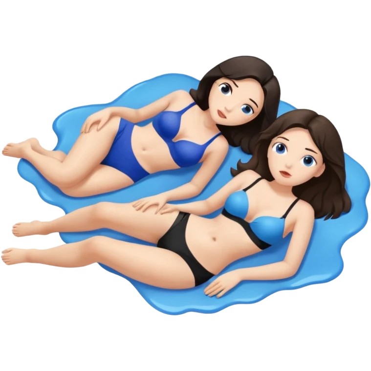 TWO only TWO white brunette women lying down full body melting into each other. one is wearing a blue bra and one is wearing a black bra. emoji