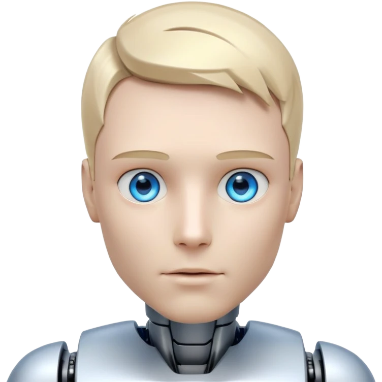 Male humanoid robot with short blond hair, metallic face, digital eyes, sharp jawline, futuristic emoji