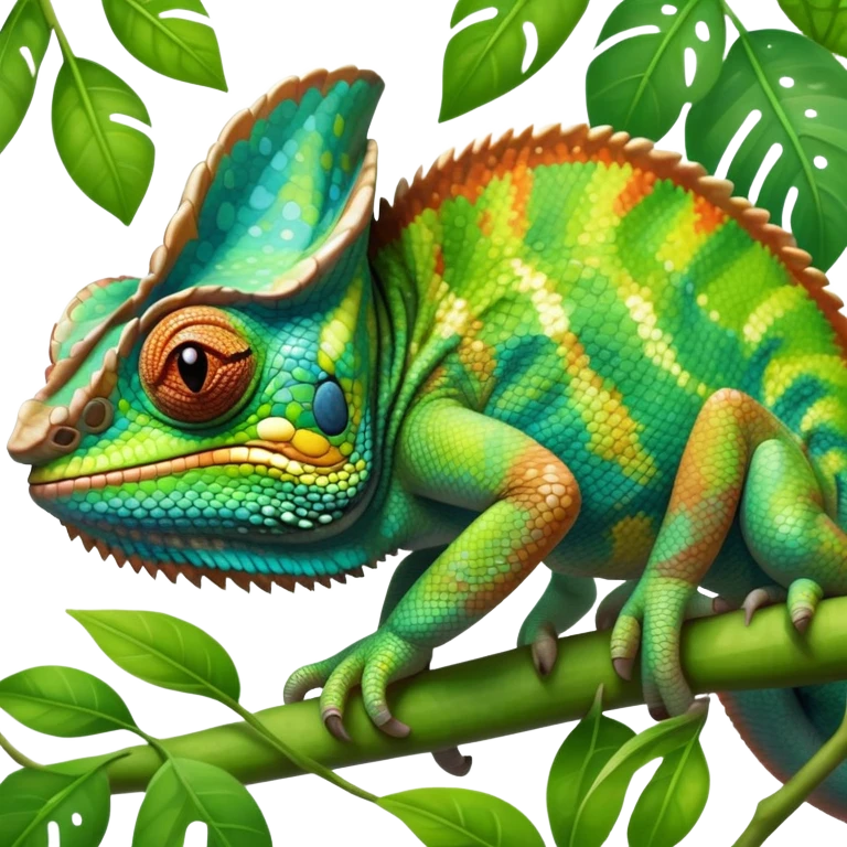 giant-chameleon-realistic emoji,-blending-with-vibrant-greenery.-detailed-scales-in-shifting-colors,-showing-the-chameleon’s-ability-to-camouflage.-soft-natural-light-highlights-its-texture.-nature-background, zoomed into its face emoji
