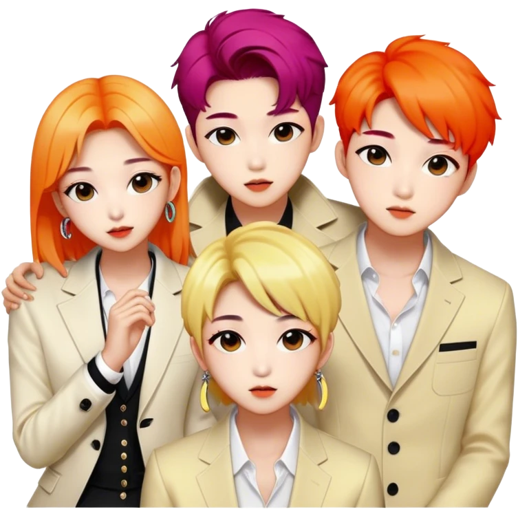 Cinematic Realistic BTS Portrait Emoji, depicted as a dynamic energetic portrayal of the global K-pop group with stylish modern attire and vibrant expressions, rendered with rich textures and bold contemporary lighting that captures their youthful charisma. emoji
