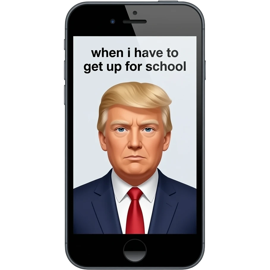 phone that shows a meme of donald trump mugshot and the meme text says "when i have to get up for school" emoji