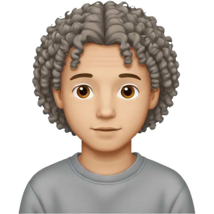 Молодой мужчина с вьющимися волосами средней длины, дружелюбное выражение лица, простой свитшот или лонгслив, стиль свободный и современный. emoji
