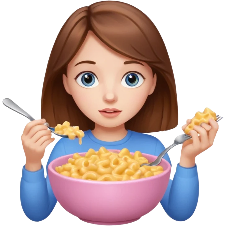 girl with brown hair and blue eyes eating mac and cheese out of a pastel pink bowl emoji