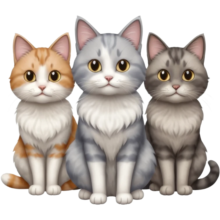 a very fluffy grey and white cat sitting with 2 other cats emoji